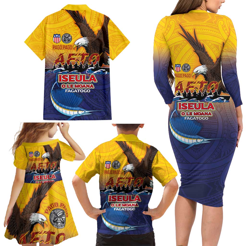 American Samoa Fautasi Family Matching Long Sleeve Bodycon Dress and Hawaiian Shirt Bald Eage and Sailfish with Kakau Motifs - Polynesian Pride
