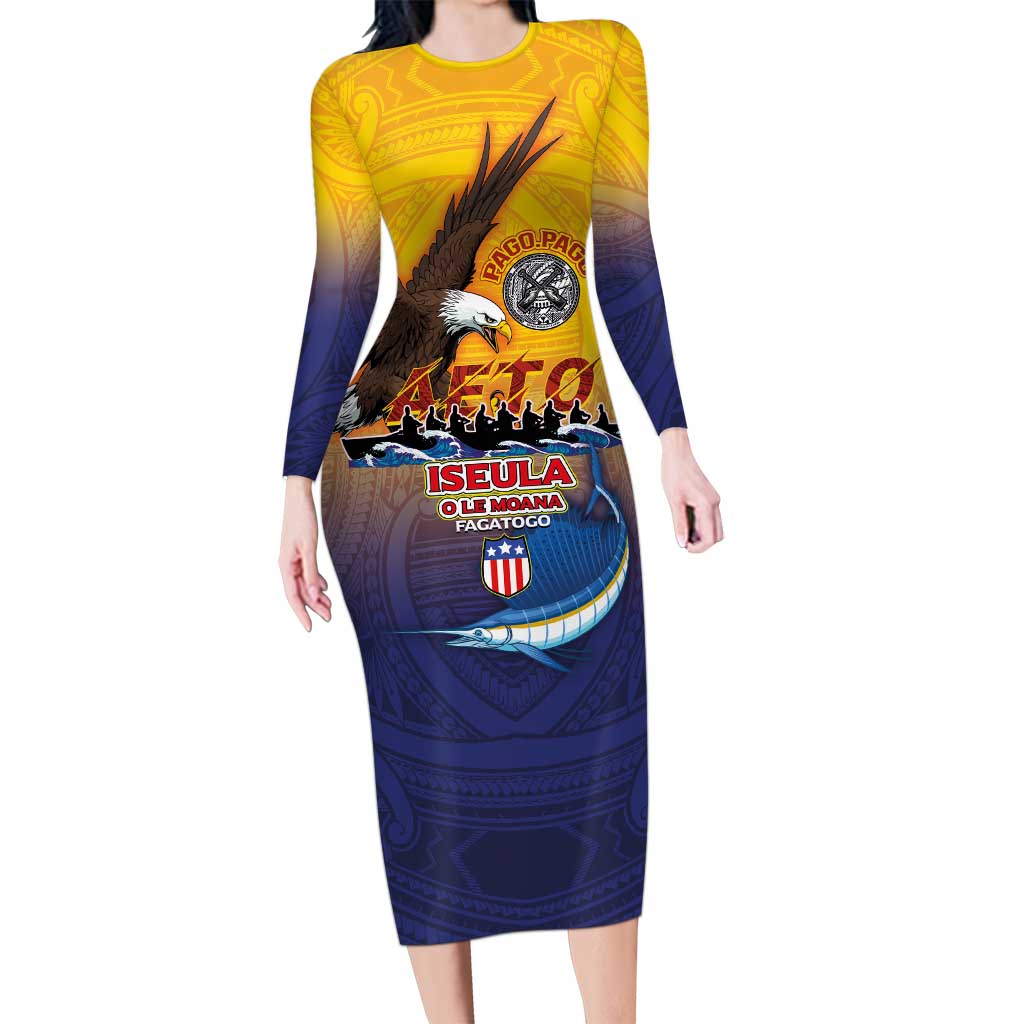 American Samoa Fautasi Family Matching Long Sleeve Bodycon Dress and Hawaiian Shirt Bald Eage and Sailfish with Kakau Motifs - Polynesian Pride