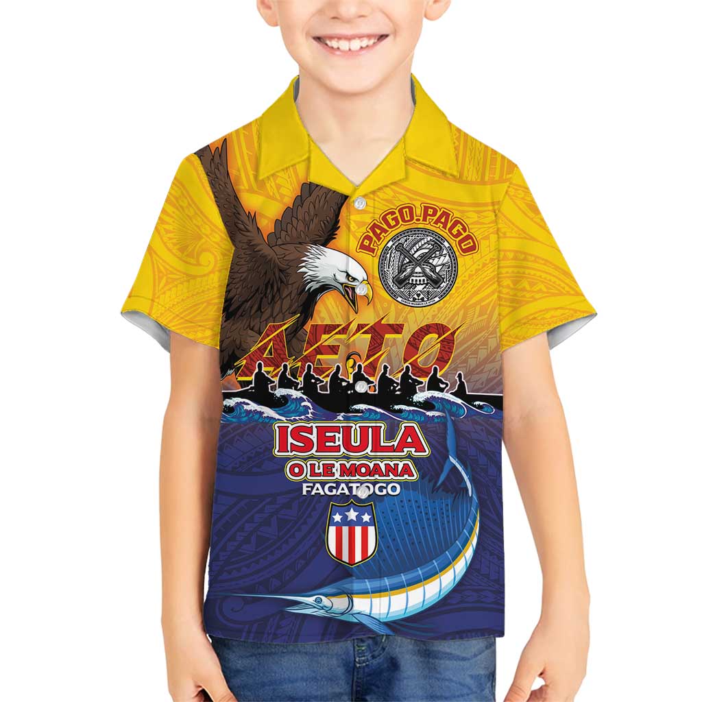 American Samoa Fautasi Family Matching Long Sleeve Bodycon Dress and Hawaiian Shirt Bald Eage and Sailfish with Kakau Motifs - Polynesian Pride