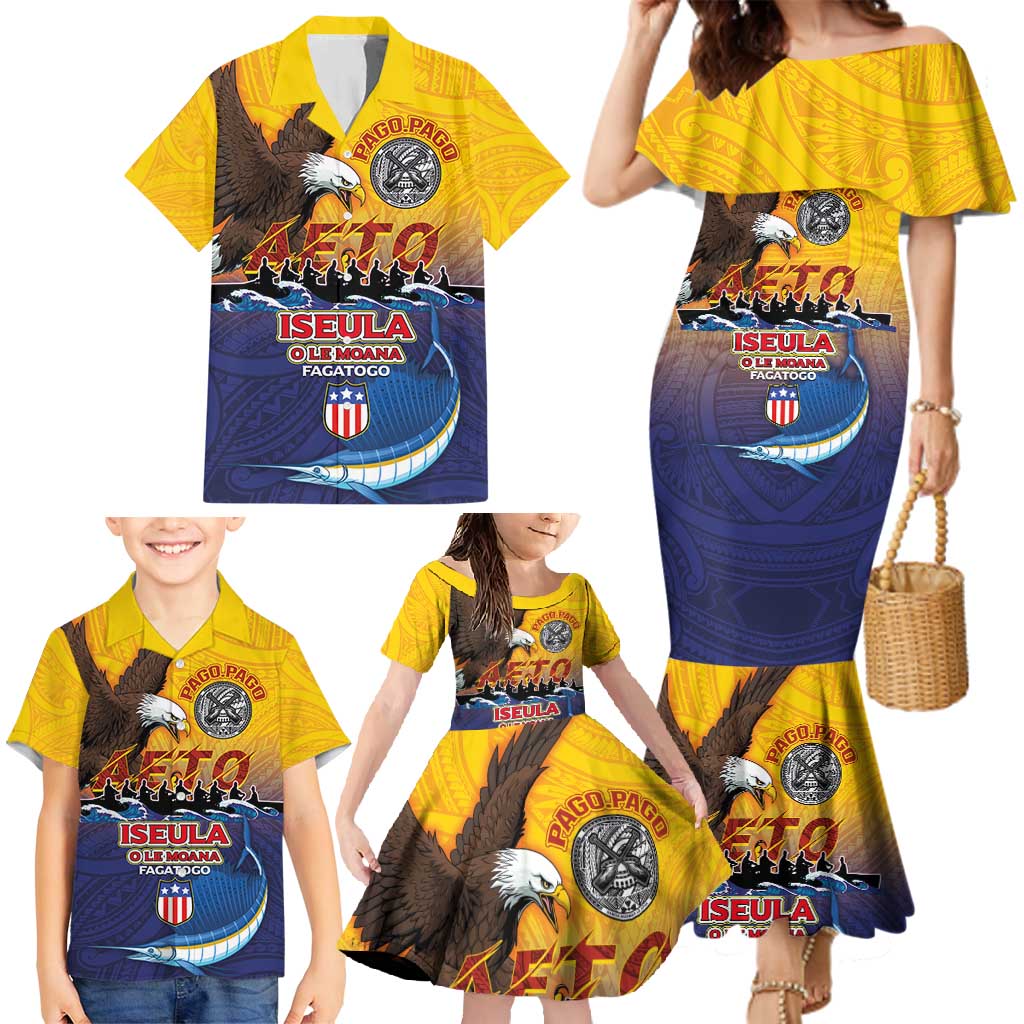 American Samoa Fautasi Family Matching Mermaid Dress and Hawaiian Shirt Bald Eage and Sailfish with Kakau Motifs - Polynesian Pride