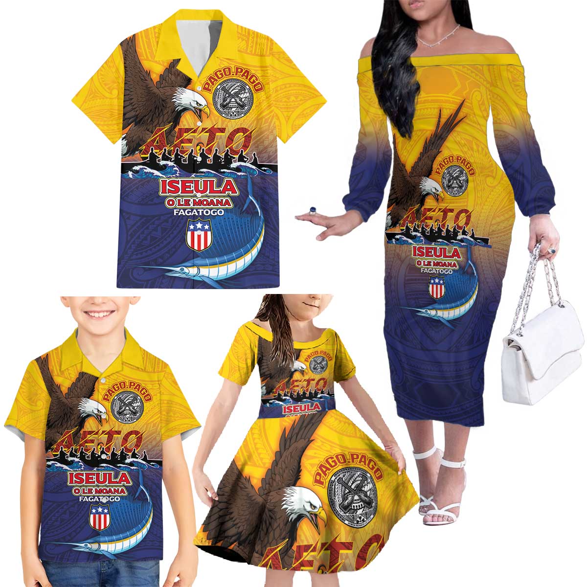American Samoa Fautasi Family Matching Off The Shoulder Long Sleeve Dress and Hawaiian Shirt Bald Eage and Sailfish with Kakau Motifs - Polynesian Pride