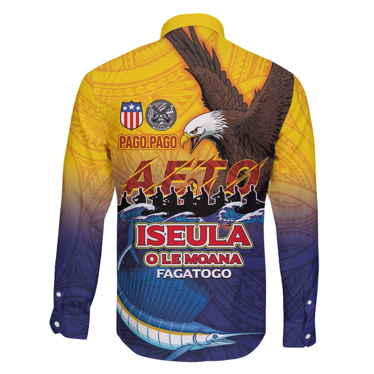 American Samoa Fautasi Family Matching Off The Shoulder Long Sleeve Dress and Hawaiian Shirt Bald Eage and Sailfish with Kakau Motifs - Polynesian Pride