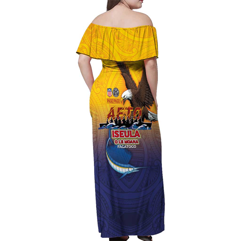 American Samoa Fautasi Family Matching Off Shoulder Maxi Dress and Hawaiian Shirt Bald Eage and Sailfish with Kakau Motifs - Polynesian Pride