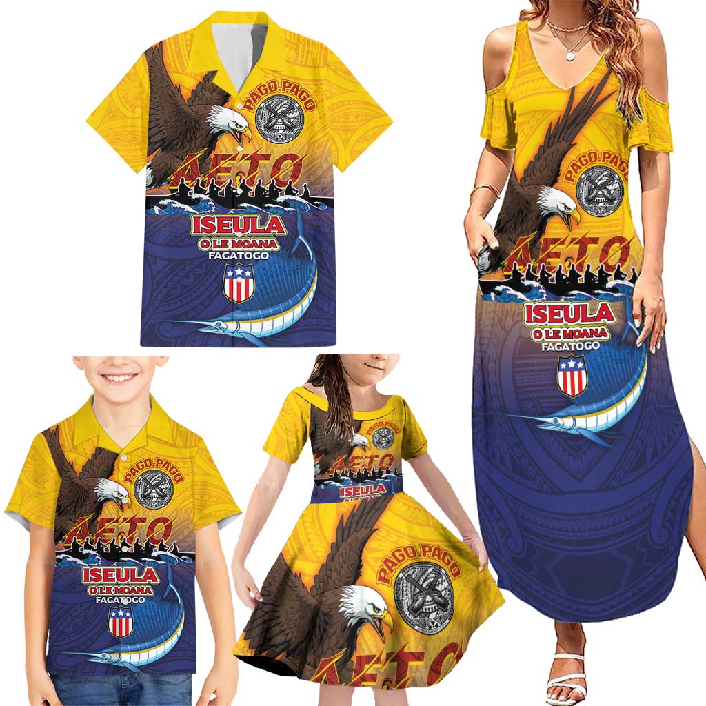 American Samoa Fautasi Family Matching Summer Maxi Dress and Hawaiian Shirt Bald Eage and Sailfish with Kakau Motifs - Polynesian Pride