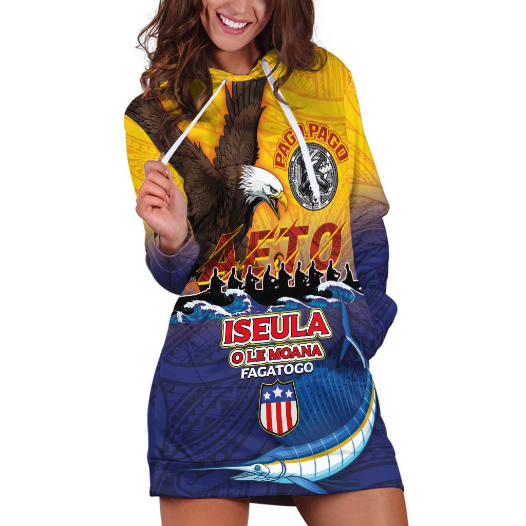 American Samoa Fautasi Hoodie Dress Bald Eage and Sailfish with Kakau Motifs - Polynesian Pride