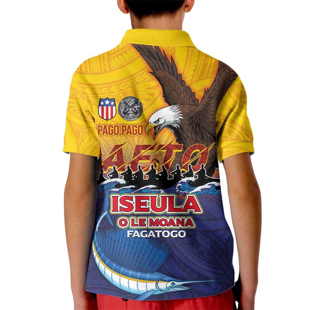 American Samoa Fautasi Kid Polo Shirt Bald Eage and Sailfish with Kakau Motifs - Polynesian Pride