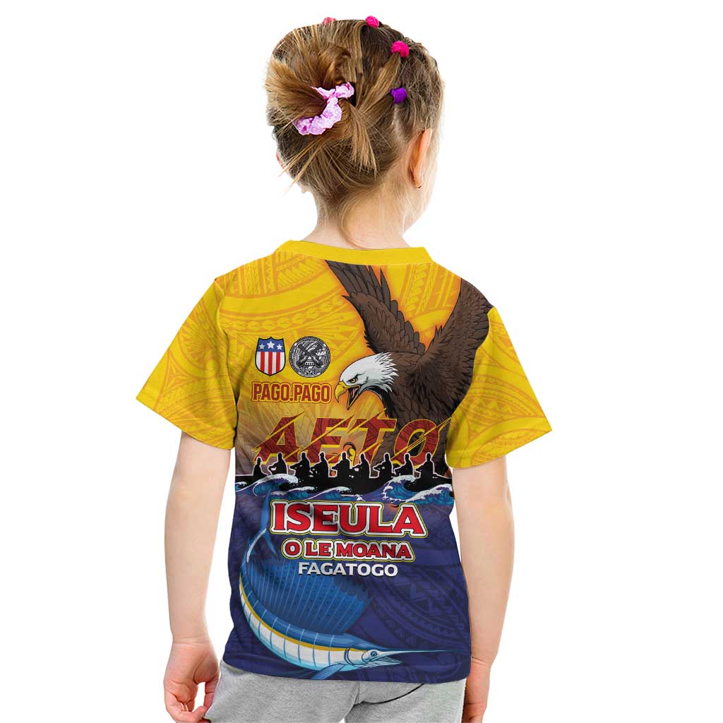 American Samoa Fautasi Kid T Shirt Bald Eage and Sailfish with Kakau Motifs - Polynesian Pride