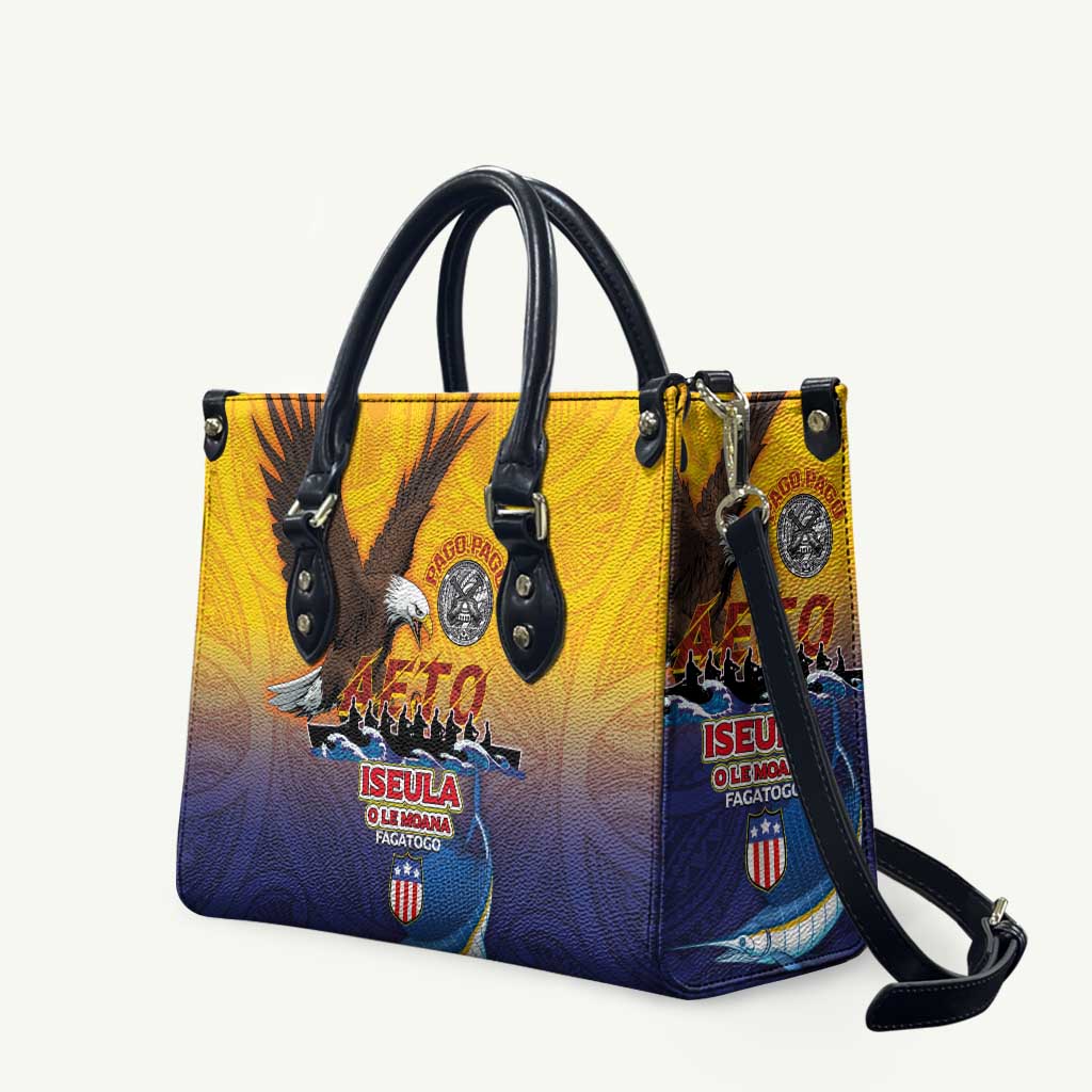 American Samoa Fautasi Leather Bag Bald Eage and Sailfish with Kakau Motifs - Polynesian Pride