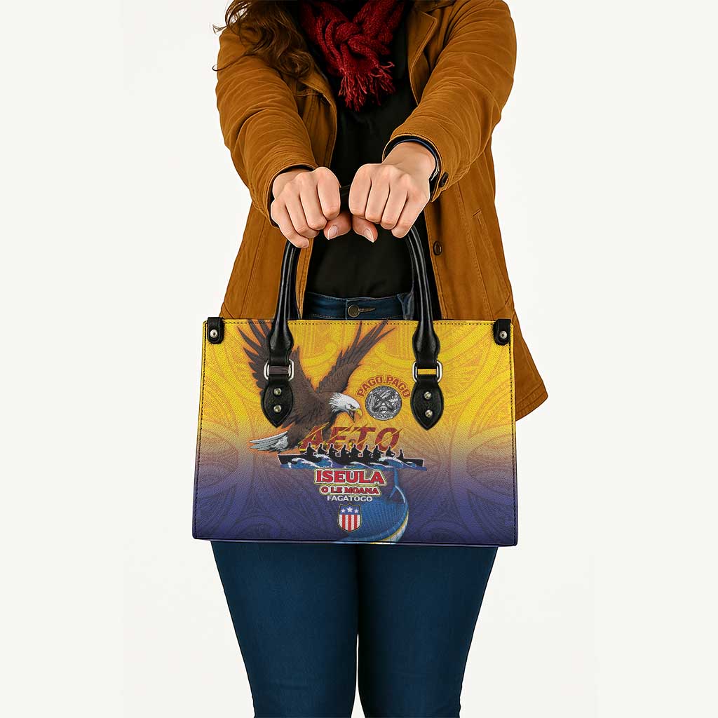 American Samoa Fautasi Leather Bag Bald Eage and Sailfish with Kakau Motifs - Polynesian Pride