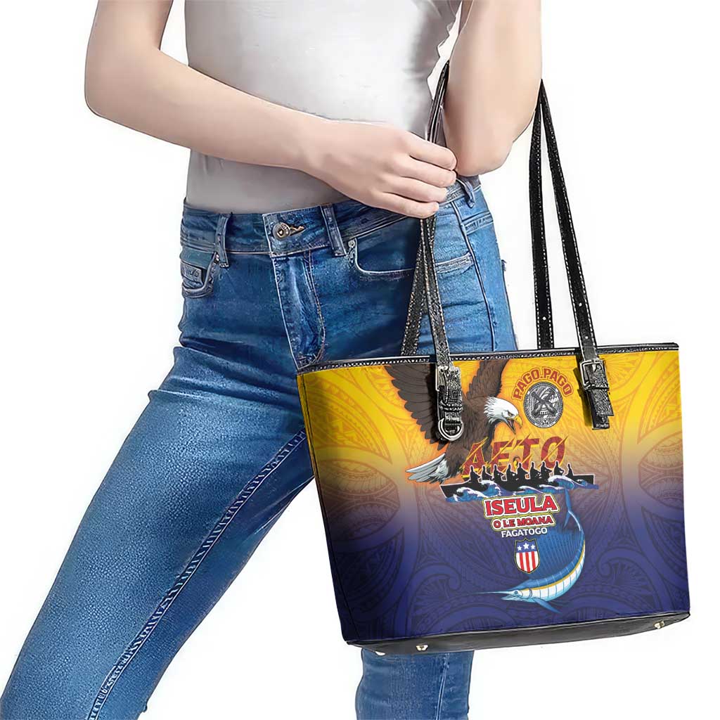 American Samoa Fautasi Leather Tote Bag Bald Eage and Sailfish with Kakau Motifs - Polynesian Pride