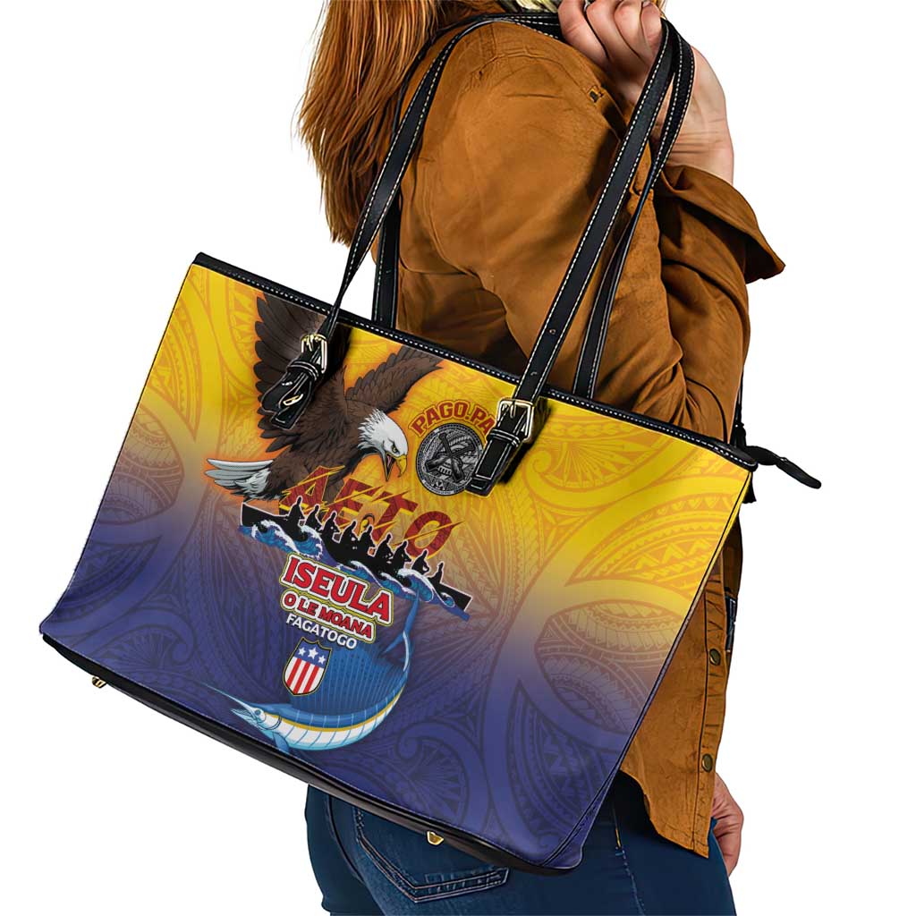 American Samoa Fautasi Leather Tote Bag Bald Eage and Sailfish with Kakau Motifs - Polynesian Pride