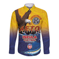 American Samoa Fautasi Long Sleeve Button Shirt Bald Eage and Sailfish with Kakau Motifs - Polynesian Pride