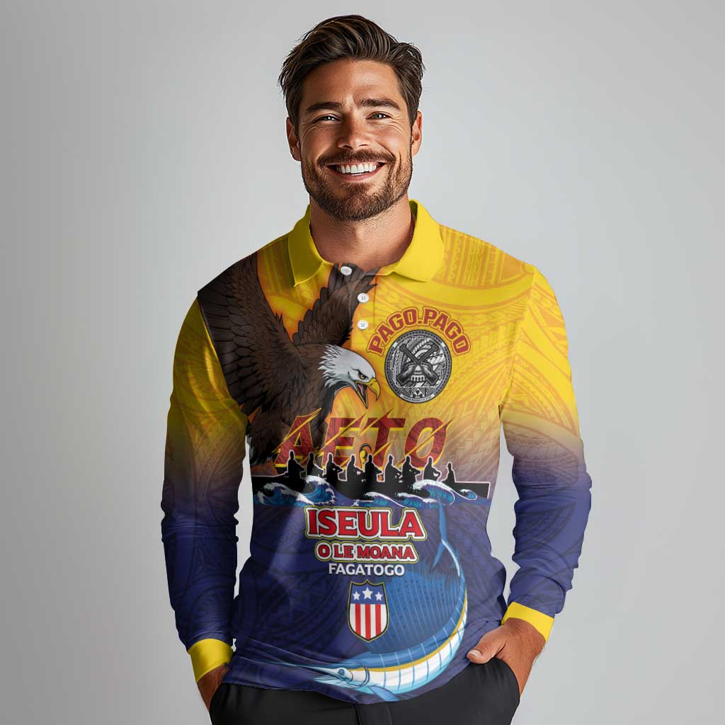 American Samoa Fautasi Long Sleeve Polo Shirt Bald Eage and Sailfish with Kakau Motifs - Polynesian Pride