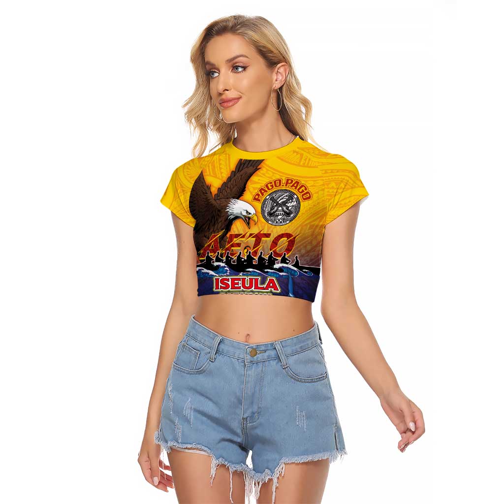 American Samoa Fautasi Raglan Cropped T Shirt Bald Eage and Sailfish with Kakau Motifs - Polynesian Pride