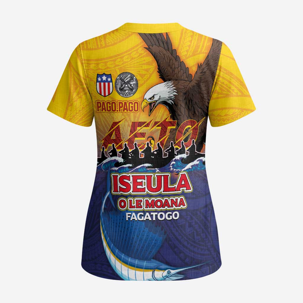 American Samoa Fautasi Scrub Top Bald Eage and Sailfish with Kakau Motifs - Polynesian Pride