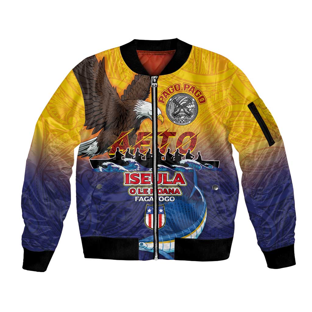 American Samoa Fautasi Sleeve Zip Bomber Jacket Bald Eage and Sailfish with Kakau Motifs - Polynesian Pride