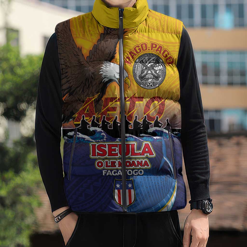 American Samoa Fautasi Sleeveless Puffer Jacket Bald Eage and Sailfish with Kakau Motifs - Polynesian Pride
