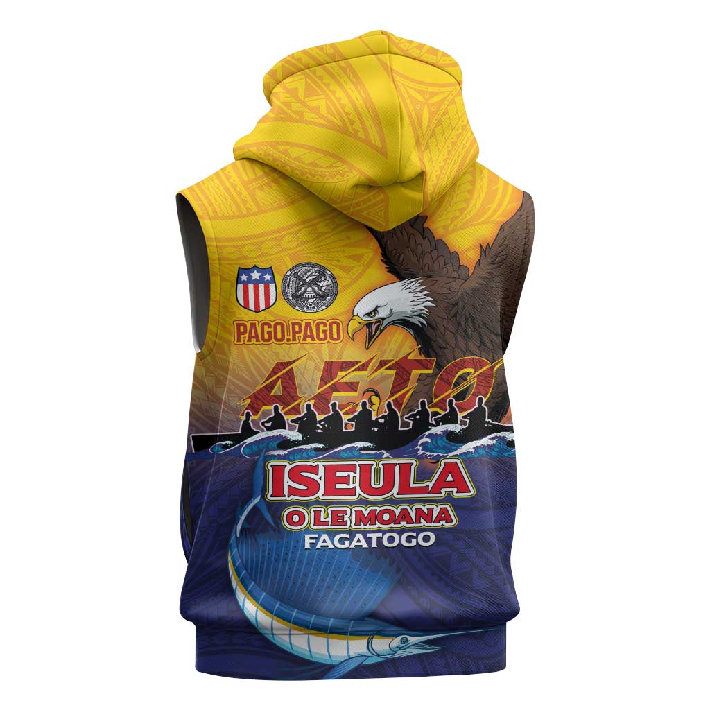 American Samoa Fautasi Sleeveless Zip Hoodie Bald Eage and Sailfish with Kakau Motifs - Polynesian Pride