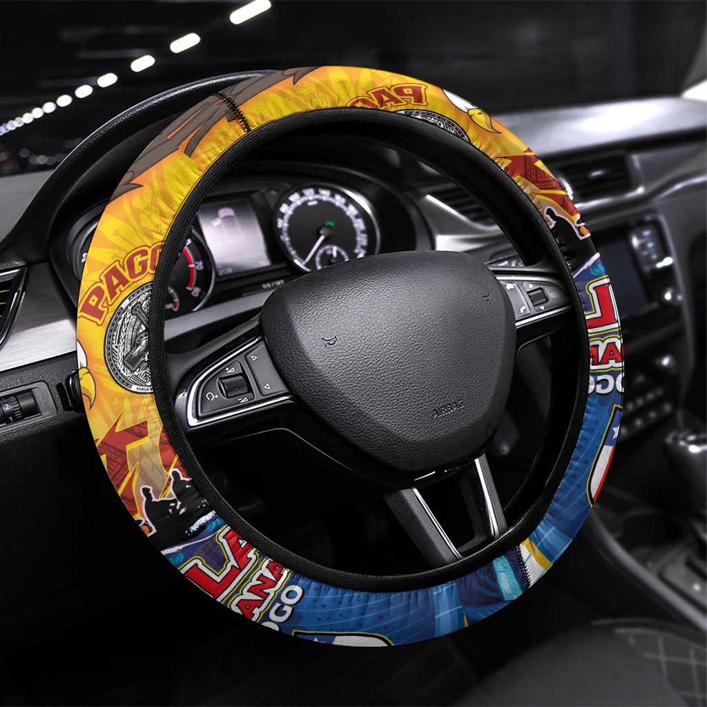 American Samoa Fautasi Steering Wheel Cover Bald Eage and Sailfish with Kakau Motifs - Polynesian Pride