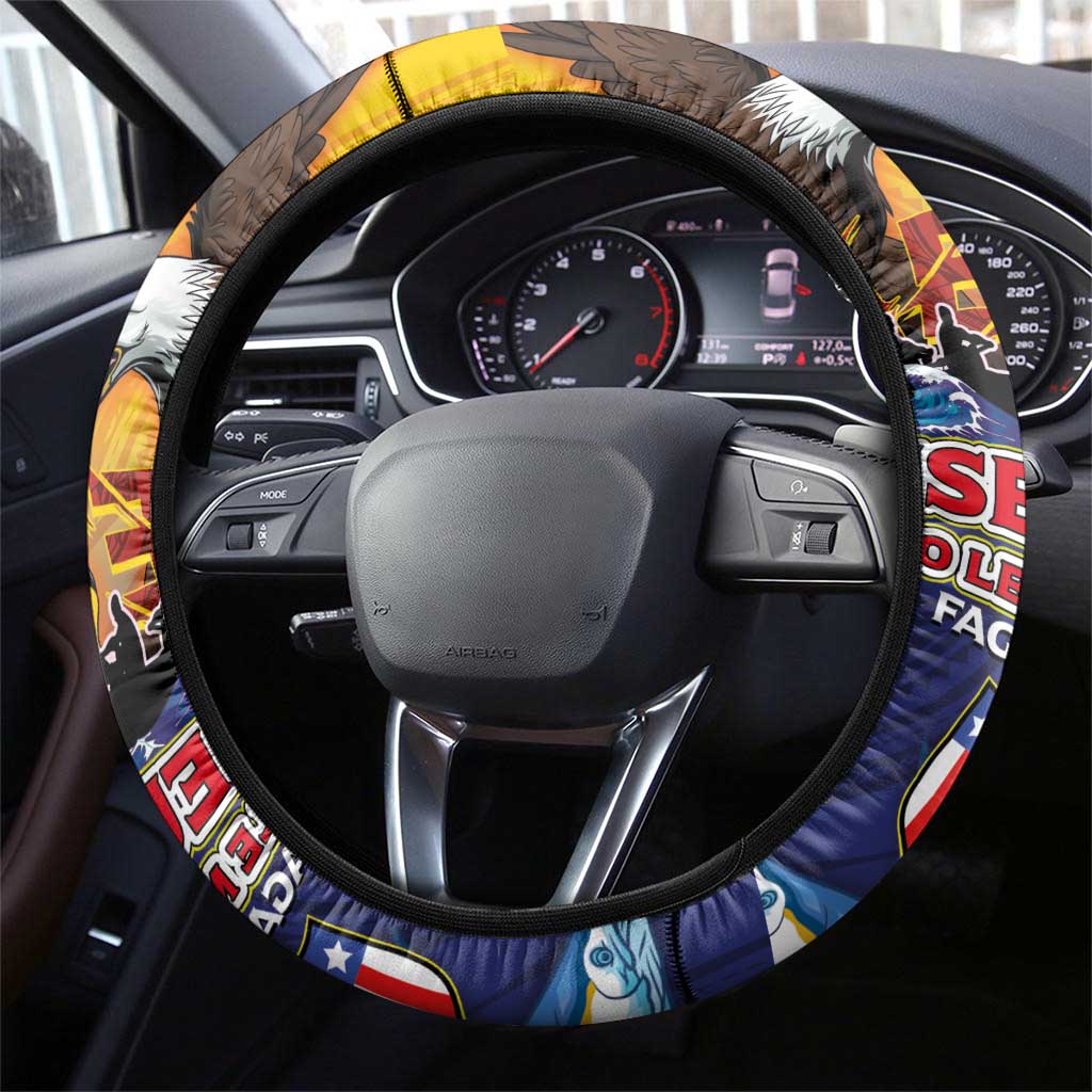American Samoa Fautasi Steering Wheel Cover Bald Eage and Sailfish with Kakau Motifs - Polynesian Pride