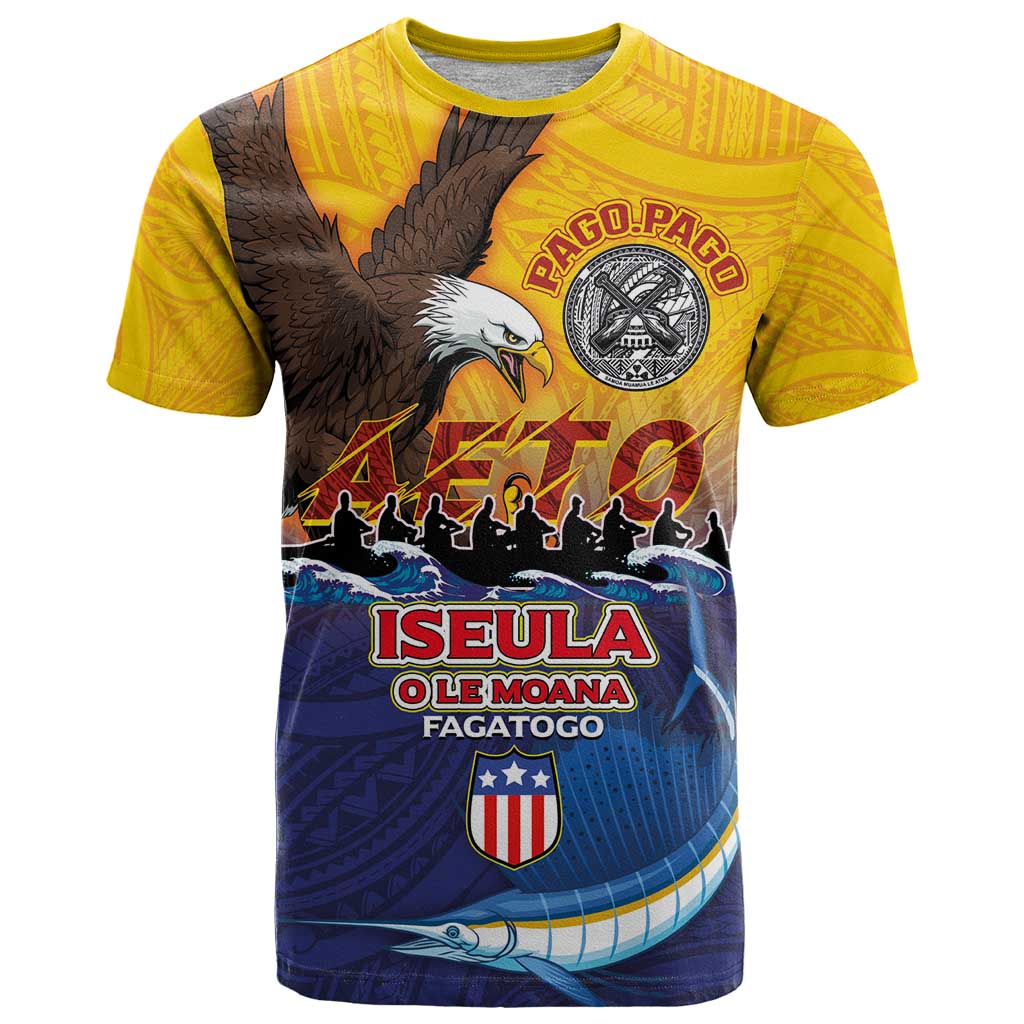 American Samoa Fautasi T Shirt Bald Eage and Sailfish with Kakau Motifs - Polynesian Pride
