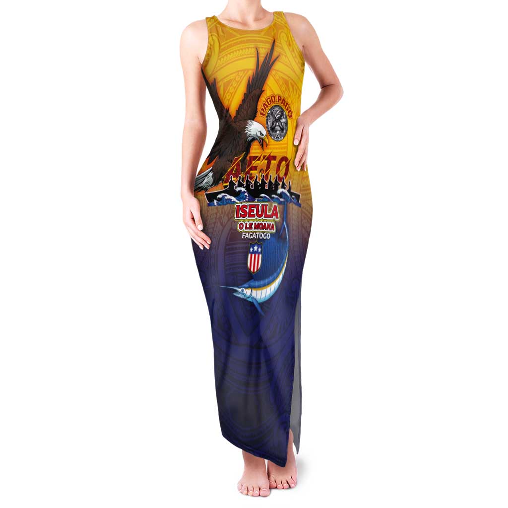 American Samoa Fautasi Tank Maxi Dress Bald Eage and Sailfish with Kakau Motifs - Polynesian Pride