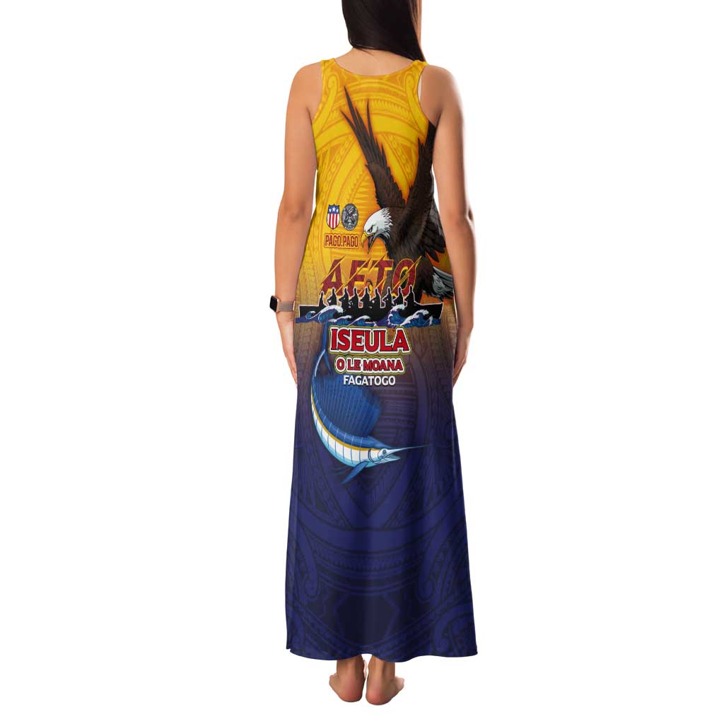 American Samoa Fautasi Tank Maxi Dress Bald Eage and Sailfish with Kakau Motifs - Polynesian Pride