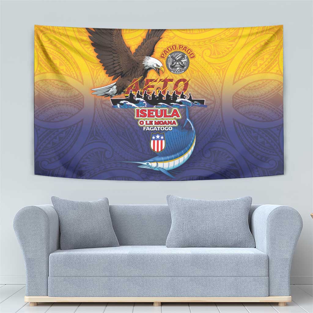 American Samoa Fautasi Tapestry Bald Eage and Sailfish with Kakau Motifs - Polynesian Pride