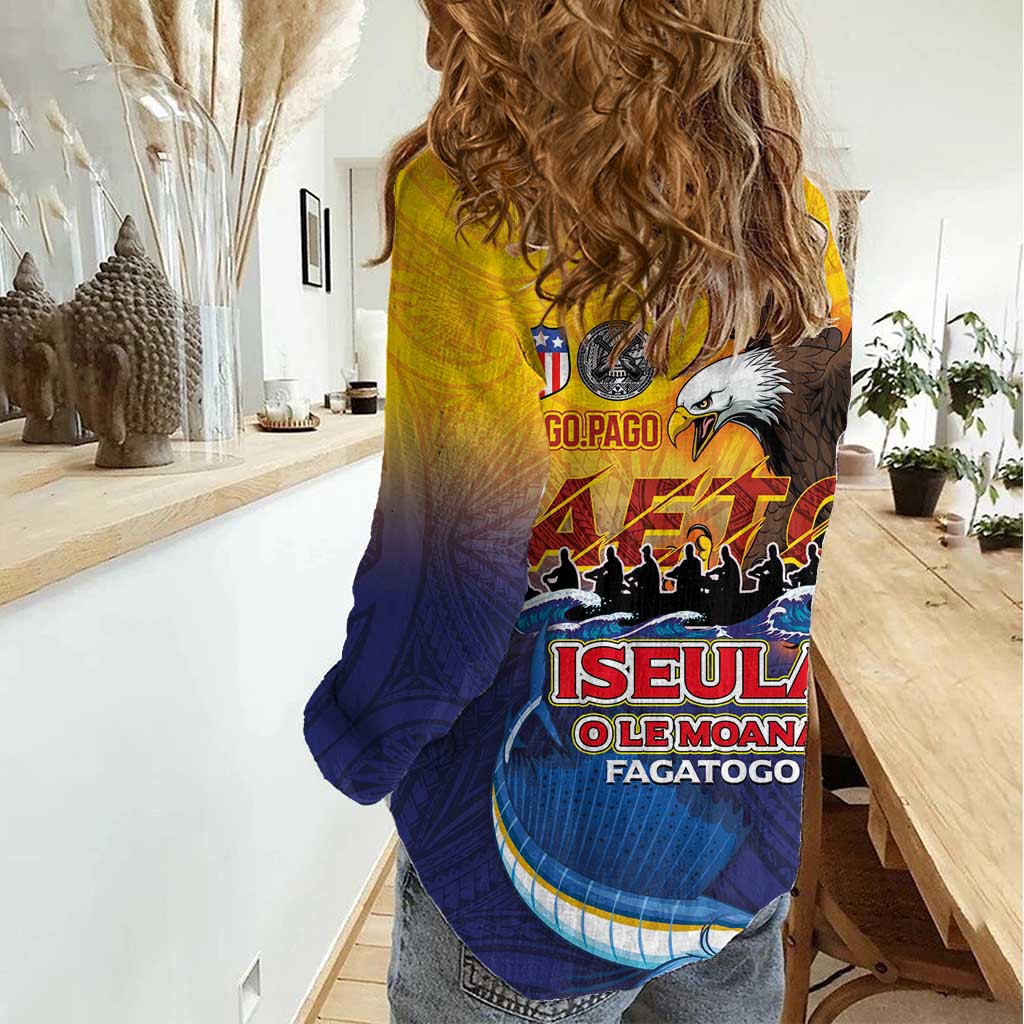 American Samoa Fautasi Women Casual Shirt Bald Eage and Sailfish with Kakau Motifs - Polynesian Pride