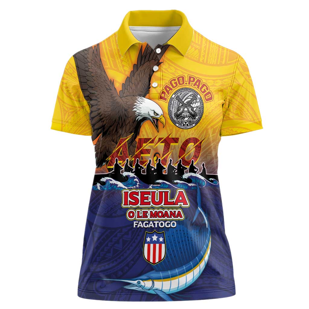 American Samoa Fautasi Women Polo Shirt Bald Eage and Sailfish with Kakau Motifs - Polynesian Pride