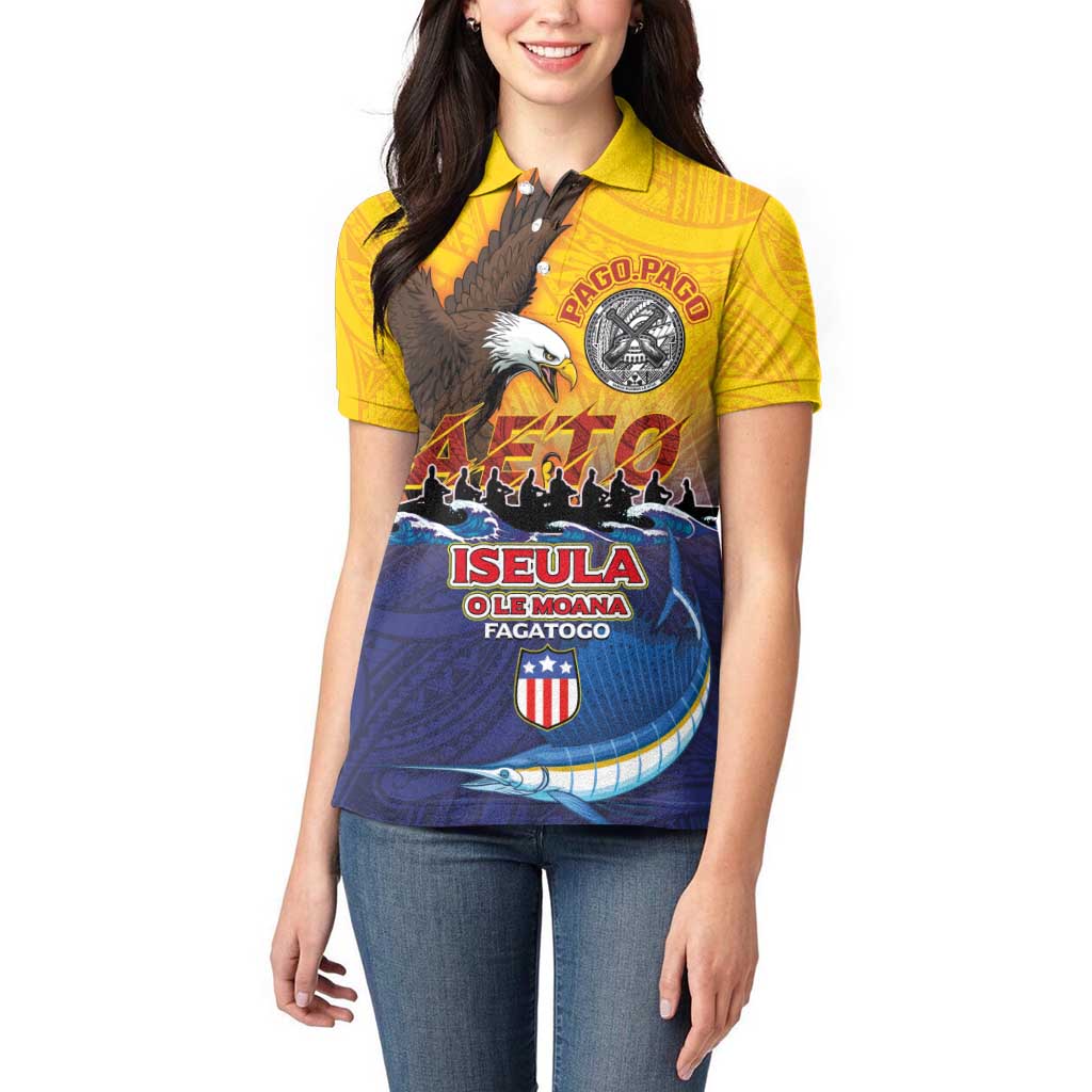 American Samoa Fautasi Women Polo Shirt Bald Eage and Sailfish with Kakau Motifs - Polynesian Pride