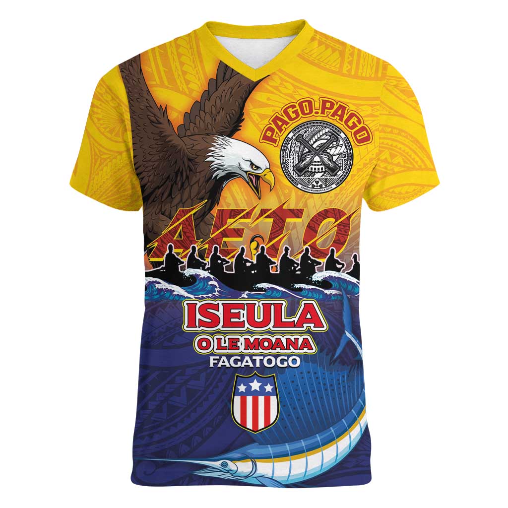 American Samoa Fautasi Women V-Neck T-Shirt Bald Eage and Sailfish with Kakau Motifs - Polynesian Pride