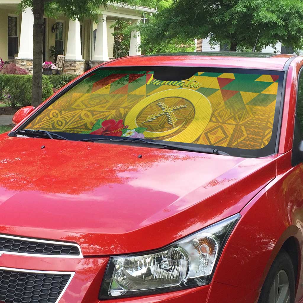 Melanesian Vanuatu Auto Sun Shade With Tapa Tribal Pattern and Triangle Geometric Tricolor - Polynesian Pride