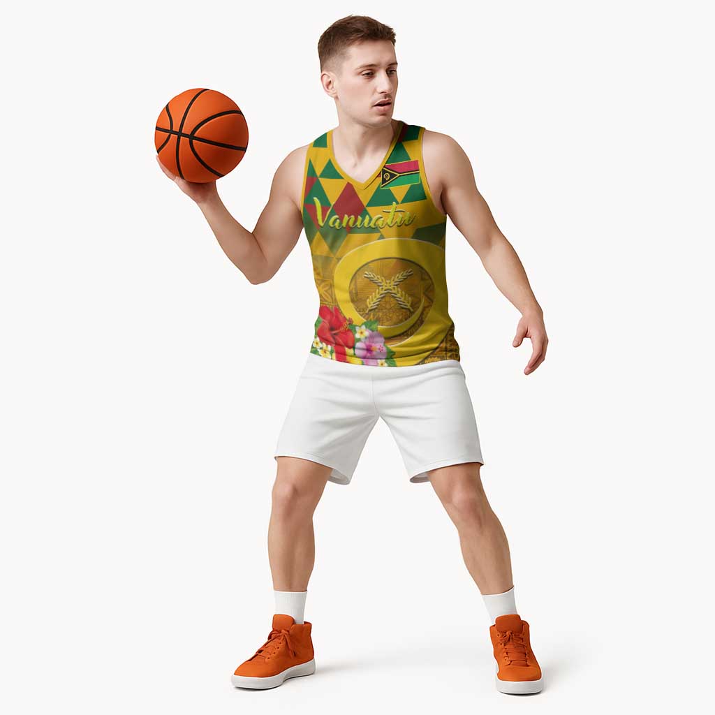 Melanesian Vanuatu Basketball Jersey With Tapa Tribal Pattern and Triangle Geometric Tricolor - Polynesian Pride