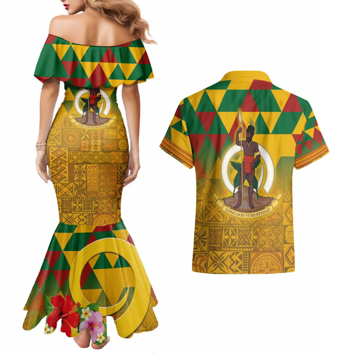 Melanesian Vanuatu Couples Matching Mermaid Dress and Hawaiian Shirt With Tapa Tribal Pattern and Triangle Geometric Tricolor LT03 - Polynesian Pride