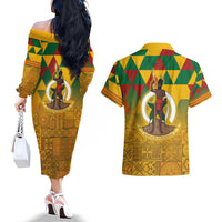 Melanesian Vanuatu Couples Matching Off The Shoulder Long Sleeve Dress and Hawaiian Shirt With Tapa Tribal Pattern and Triangle Geometric Tricolor - Polynesian Pride