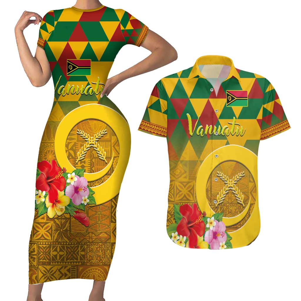 Melanesian Vanuatu Couples Matching Short Sleeve Bodycon Dress and Hawaiian Shirt With Tapa Tribal Pattern and Triangle Geometric Tricolor LT03 Yellow - Polynesian Pride
