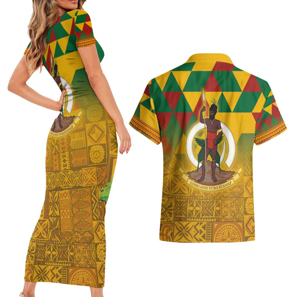 Melanesian Vanuatu Couples Matching Short Sleeve Bodycon Dress and Hawaiian Shirt With Tapa Tribal Pattern and Triangle Geometric Tricolor LT03 - Polynesian Pride
