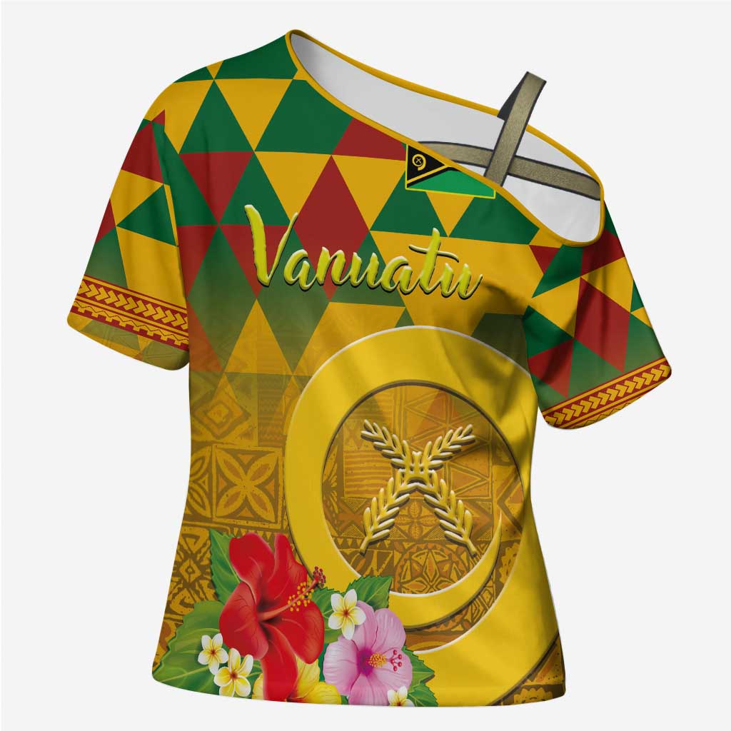 Melanesian Vanuatu Cross Shoulder Shirt With Tapa Tribal Pattern and Triangle Geometric Tricolor - Polynesian Pride
