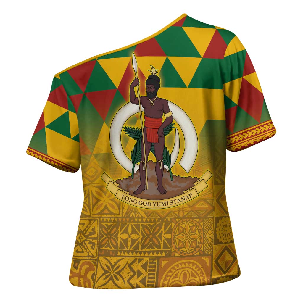 Melanesian Vanuatu Cross Shoulder Shirt With Tapa Tribal Pattern and Triangle Geometric Tricolor - Polynesian Pride