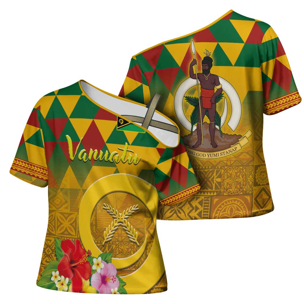 Melanesian Vanuatu Cross Shoulder Shirt With Tapa Tribal Pattern and Triangle Geometric Tricolor - Polynesian Pride