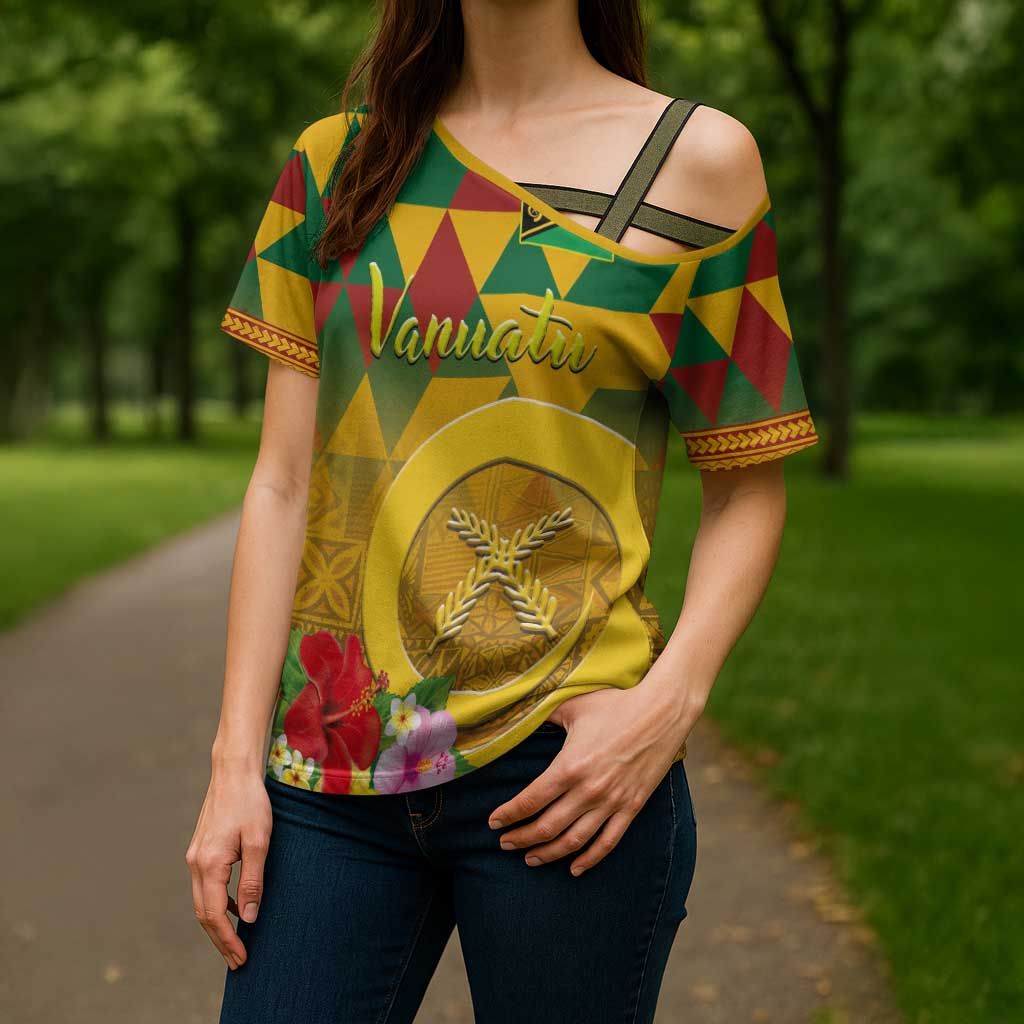 Melanesian Vanuatu Cross Shoulder Shirt With Tapa Tribal Pattern and Triangle Geometric Tricolor - Polynesian Pride