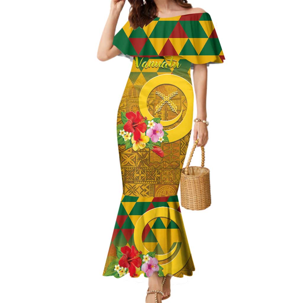 Melanesian Vanuatu Family Matching Mermaid Dress and Hawaiian Shirt With Tapa Tribal Pattern and Triangle Geometric Tricolor - Polynesian Pride