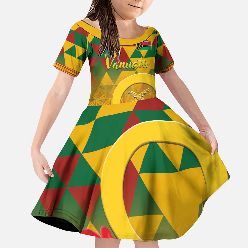 Melanesian Vanuatu Family Matching Puletasi and Hawaiian Shirt With Tapa Tribal Pattern and Triangle Geometric Tricolor LT03 Daughter's Dress Yellow - Polynesian Pride
