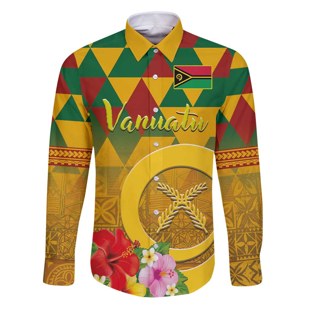 Melanesian Vanuatu Family Matching Puletasi and Hawaiian Shirt With Tapa Tribal Pattern and Triangle Geometric Tricolor LT03 Dad's Shirt - Long Sleeve Yellow - Polynesian Pride
