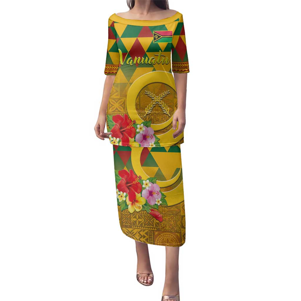 Melanesian Vanuatu Family Matching Puletasi and Hawaiian Shirt With Tapa Tribal Pattern and Triangle Geometric Tricolor LT03 Mom's Dress Yellow - Polynesian Pride