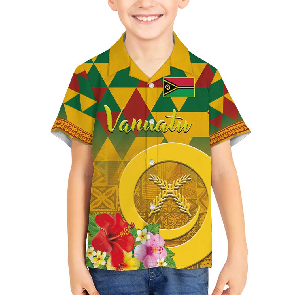 Melanesian Vanuatu Family Matching Puletasi and Hawaiian Shirt With Tapa Tribal Pattern and Triangle Geometric Tricolor LT03 Son's Shirt Yellow - Polynesian Pride