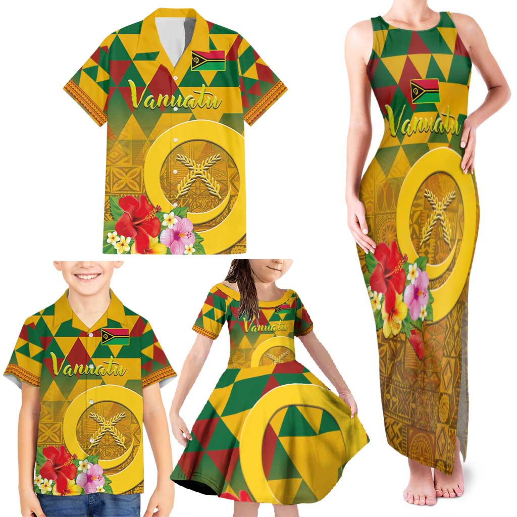 Melanesian Vanuatu Family Matching Tank Maxi Dress and Hawaiian Shirt With Tapa Tribal Pattern and Triangle Geometric Tricolor - Polynesian Pride