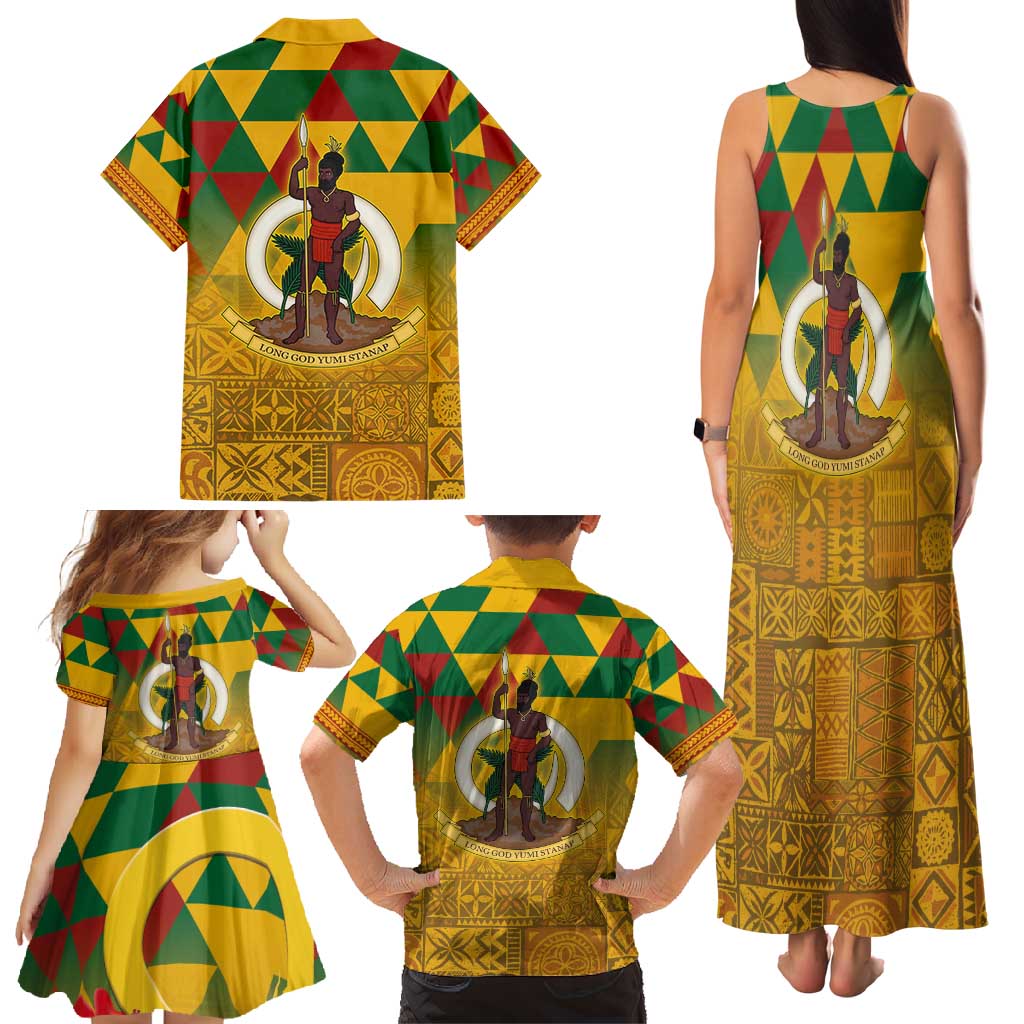 Melanesian Vanuatu Family Matching Tank Maxi Dress and Hawaiian Shirt With Tapa Tribal Pattern and Triangle Geometric Tricolor - Polynesian Pride