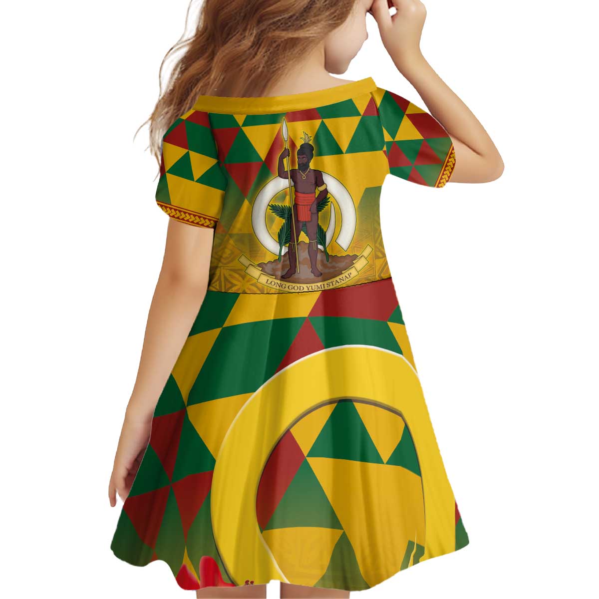 Melanesian Vanuatu Kid Short Sleeve Dress With Tapa Tribal Pattern and Triangle Geometric Tricolor - Polynesian Pride